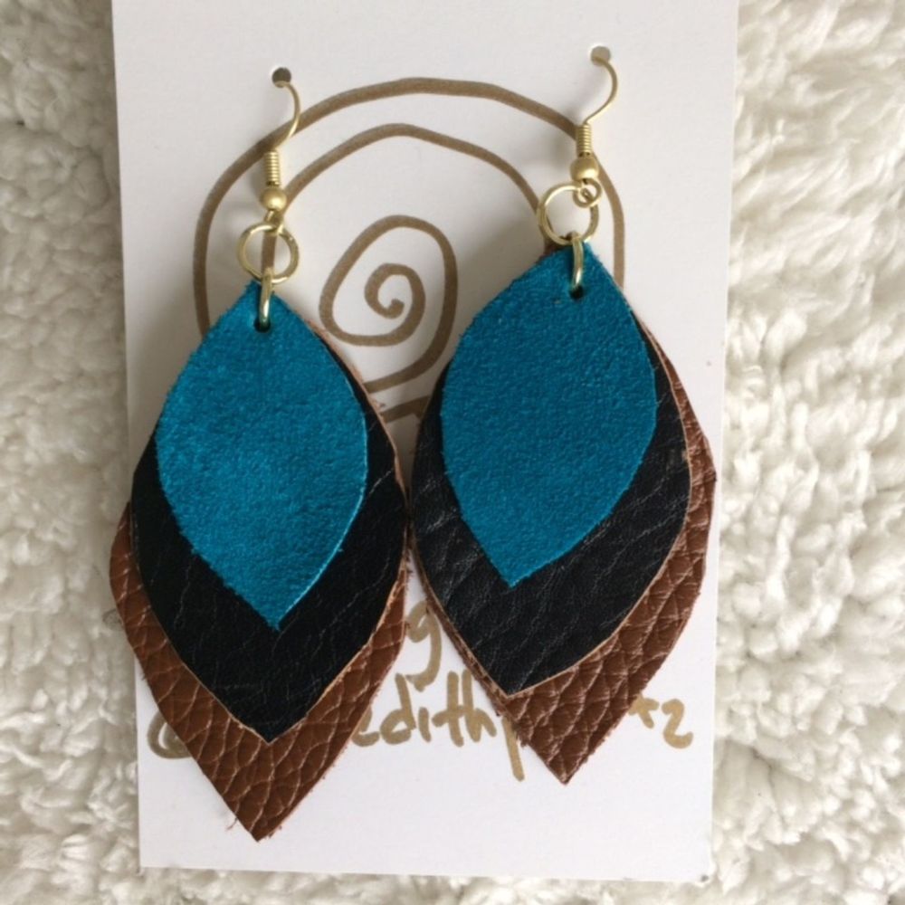Tricolor Leather & Suede Boho Petal Shape Earrings